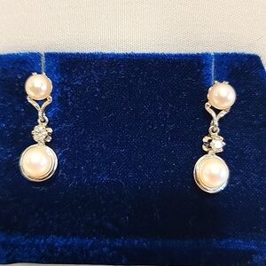 Pearl and Diamond White Gold Drop Earrings  14K